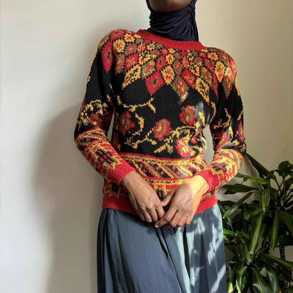 Vintage Knit Multicolor‎ Flowers Sweater size M petite